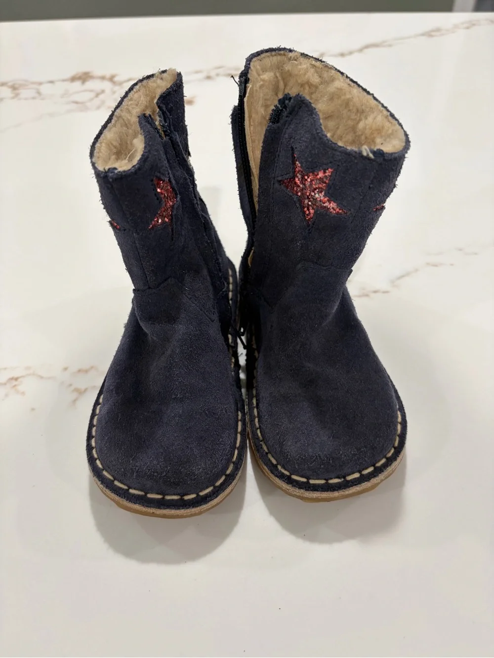 Mini Boden Navy Suede Kids Boots with Glitter Star Accents, US 8